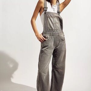 Free People Gray Barrel Leg Denim Overalls